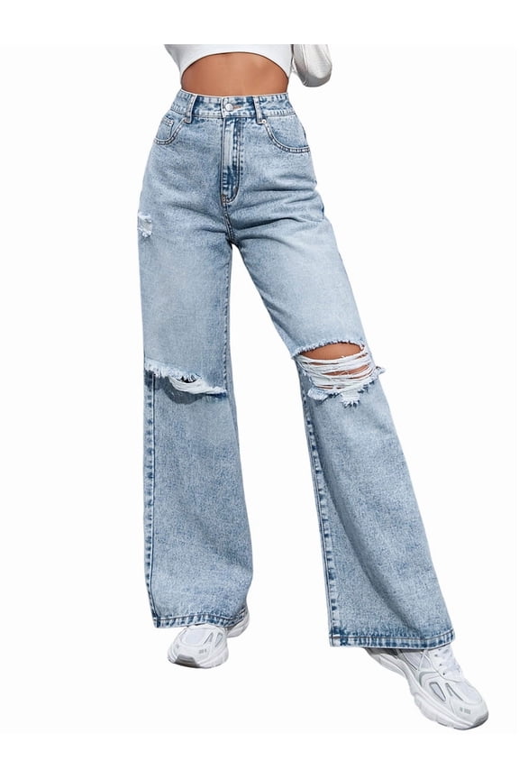 Women'S Ripped Jeans High Waisted Distressed Baggy Straight Wide Leg Pants Blue L