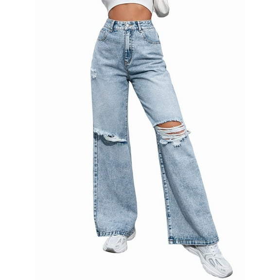 Women'S Ripped Jeans High Waisted Distressed Baggy Straight Wide Leg Pants Blue M