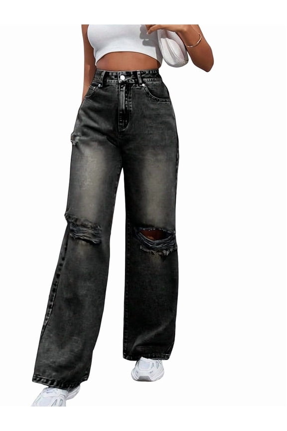 Women'S Ripped Jeans High Waisted Distressed Baggy Straight Wide Leg Pants Dark Gray L