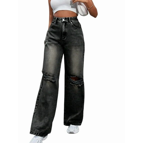 Women'S Ripped Jeans High Waisted Distressed Baggy Straight Wide Leg Pants Dark Gray M