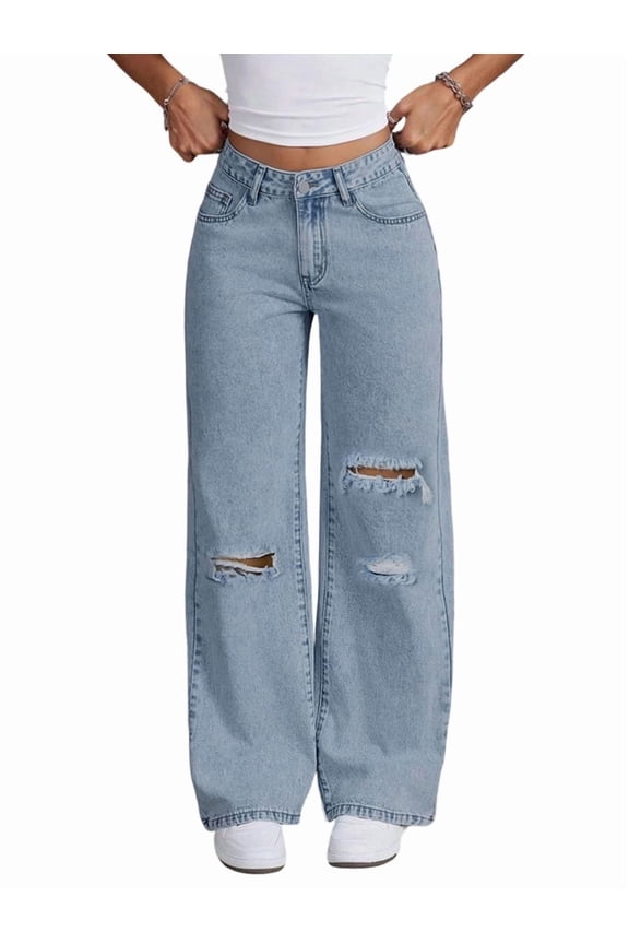 Women'S Ripped Jeans High Waisted Distressed Baggy Straight Wide Leg Pants Light Blue XS