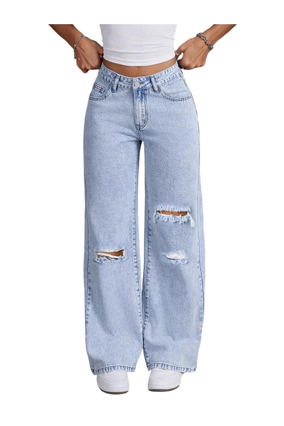 Women'S Ripped Jeans High Waisted Distressed Baggy Straight Wide Leg Pants Light Blue XS