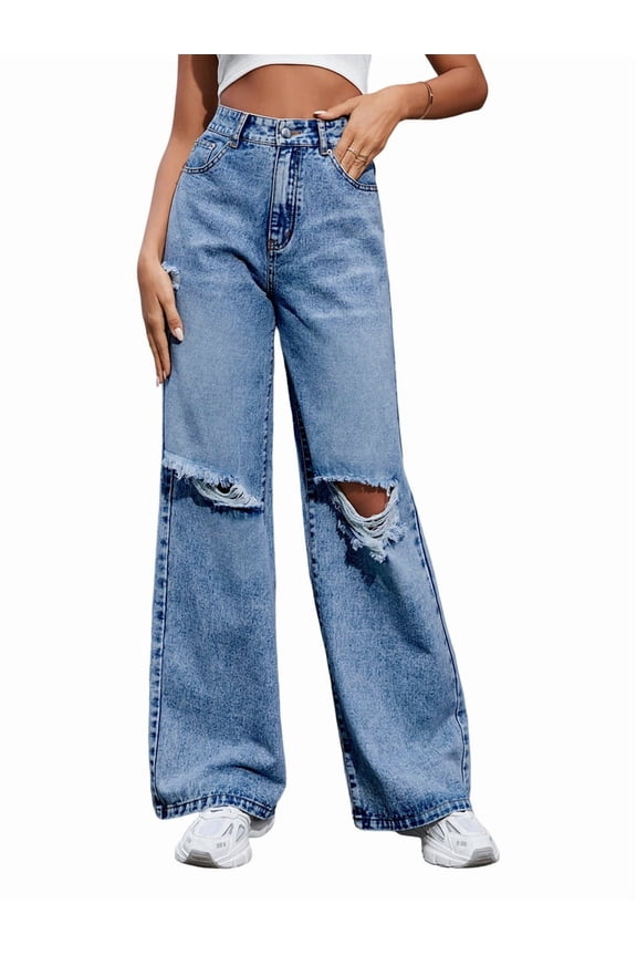 Women'S Ripped Jeans High Waisted Distressed Baggy Straight Wide Leg Pants Middle Blue L