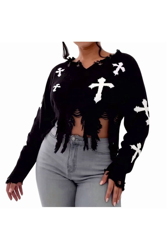 Women'S Ripped Knitted Cropped Sweater for Party Clubwear with Long Sleeves Black 2 One Size