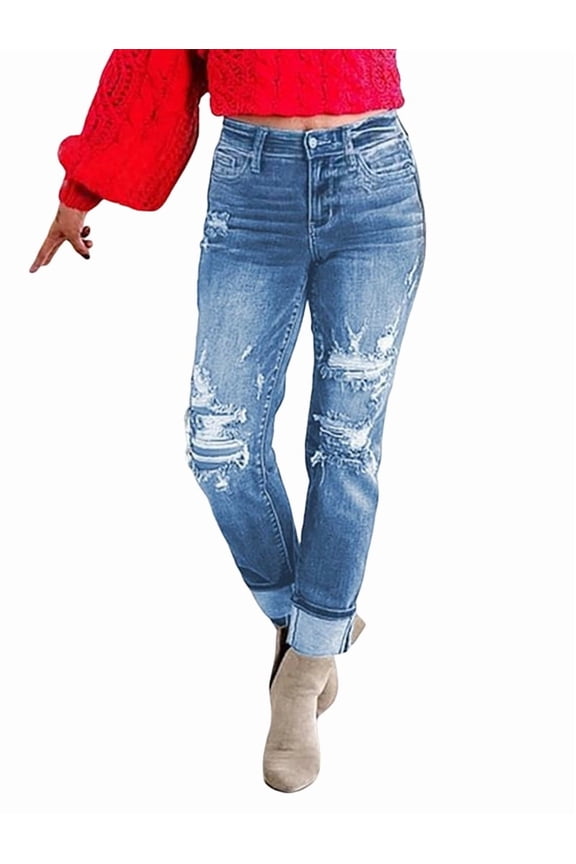 Women'S Ripped Mid Waisted Boyfriend Jeans Loose Fit Distressed Stretchy Denim Pants Blue XXL