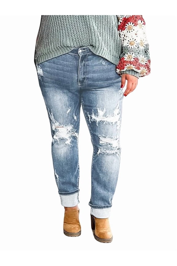 Women'S Ripped Mid Waisted Boyfriend Jeans Loose Fit Distressed Stretchy Denim Pants Light Blue XXL