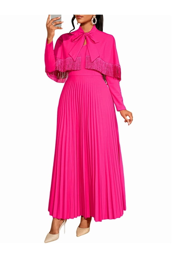 Women'S Rose 2 Piece Set with Long Sleeve Pleated A-Line Dress and Tasseled Shawl Rose Red XXL