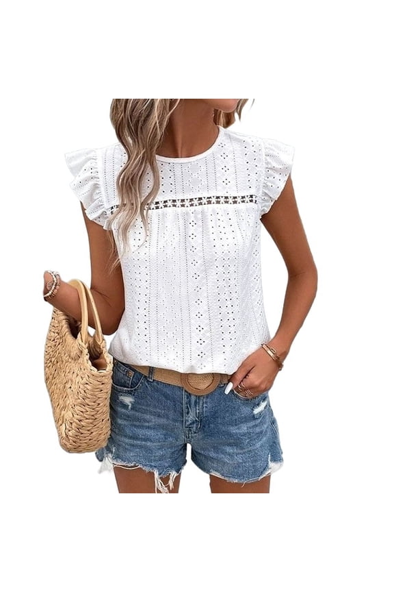 Women Summer Eyelet Tops Dressy Casual Crew Neck Ruffle Cap Sleeve Boho Shirts Lace Embroidered Blouses 2025