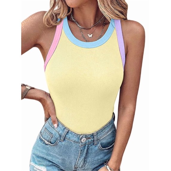 Women'S Round Neck Color Block Bra Lined Tank Top Yellow S
