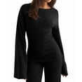 thumbnail image 1 of Women'S Round Neck Flare Sleeve Top and Straight Leg Pants Two Piece Set Casual Loungewear Sporty Black S, 1 of 9