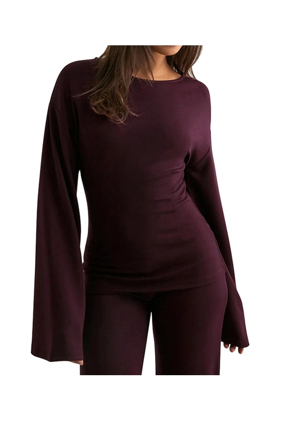 Women'S Round Neck Flare Sleeve Top and Straight Leg Pants Two Piece Set Casual Loungewear Sporty Wine Red S