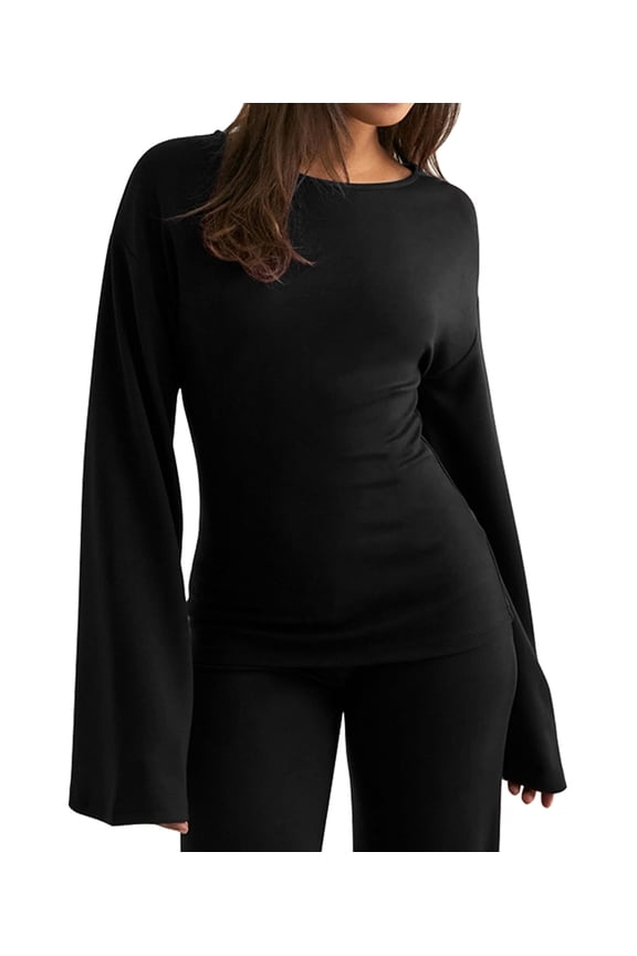 Women'S Round Neck Flare Sleeve Top and Straight Leg Pants Two Piece Set Casual Loungewear Sporty