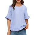 thumbnail image 1 of Women'S Round Neck Half-Sleeve Striped Loose Casual Shirt Ruffled Tops Blue Stripes L, 1 of 7