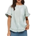 thumbnail image 1 of Women'S Round Neck Half-Sleeve Striped Loose Casual Shirt Ruffled Tops Green Stripes L, 1 of 7