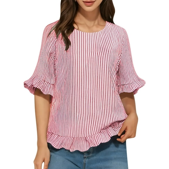 Women'S Round Neck Half-Sleeve Striped Loose Casual Shirt Ruffled Tops Red Stripe M