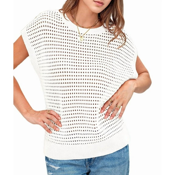 Women'S Round Neck Hollow Crochet Short Sleeve Top Creamy White XL