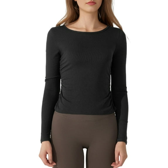 Women'S Round Neck Long-Sleeved Pullover Top Casual Sports T-Shirt Fall Winter Pleated Slim Yoga Wear Black S