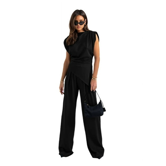 Women'S Round Neck Pleated Sleeveless Casual Suit,Sleeveless Crewneck Vest Wide Leg Pantsuit Business Sets with Pocket Black S