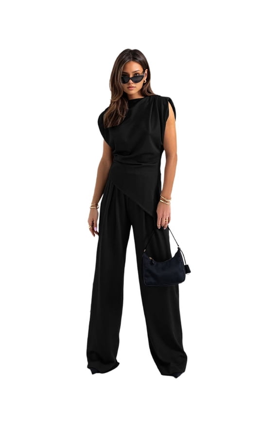 Women'S Round Neck Pleated Sleeveless Casual Suit,Sleeveless Crewneck Vest Wide Leg Pantsuit Business Sets with Pocket Black XL
