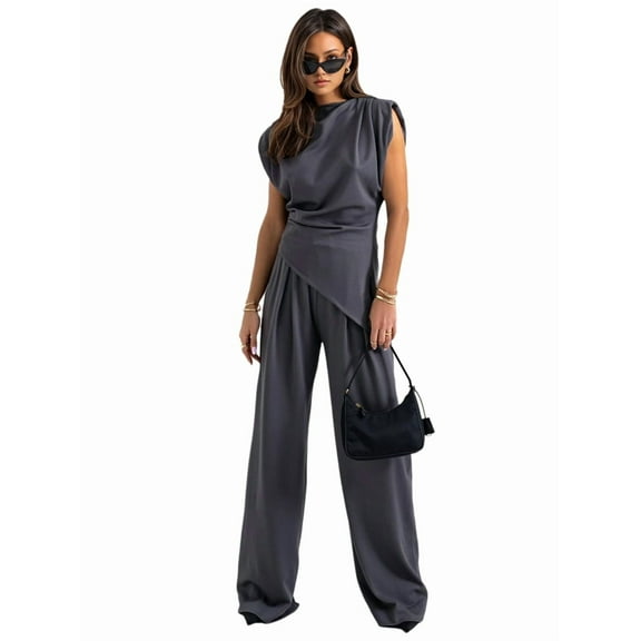 Women'S Round Neck Pleated Sleeveless Casual Suit,Sleeveless Crewneck Vest Wide Leg Pantsuit Business Sets with Pocket Dark Gray M