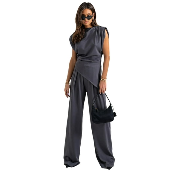 Women'S Round Neck Pleated Sleeveless Casual Suit,Sleeveless Crewneck Vest Wide Leg Pantsuit Business Sets with Pocket Dark Gray XXL