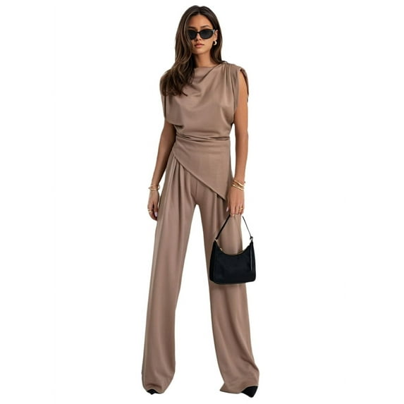 Women'S Round Neck Pleated Sleeveless Casual Suit,Sleeveless Crewneck Vest Wide Leg Pantsuit Business Sets with Pocket Khaki M
