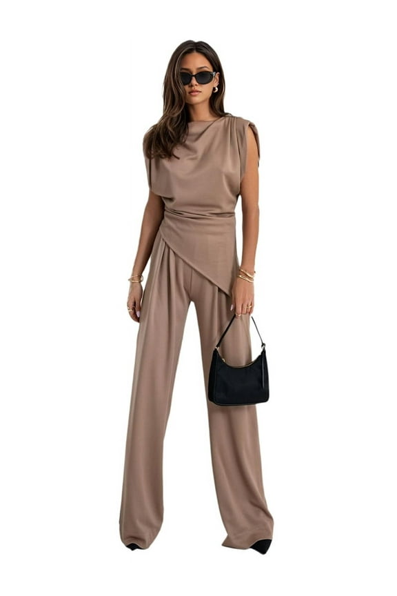 Women'S Round Neck Pleated Sleeveless Casual Suit,Sleeveless Crewneck Vest Wide Leg Pantsuit Business Sets with Pocket Khaki S