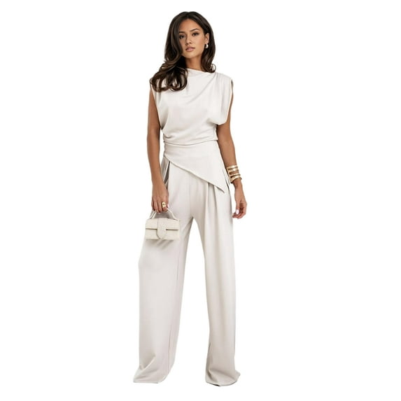Women'S Round Neck Pleated Sleeveless Casual Suit,Sleeveless Crewneck Vest Wide Leg Pantsuit Business Sets with Pocket L