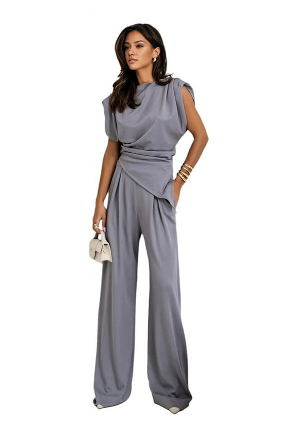 Women'S Round Neck Pleated Sleeveless Casual Suit,Sleeveless Crewneck Vest Wide Leg Pantsuit Business Sets with Pocket Light Gray S