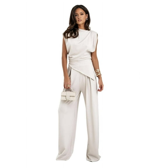 Women'S Round Neck Pleated Sleeveless Casual Suit,Sleeveless Crewneck Vest Wide Leg Pantsuit Business Sets with Pocket M
