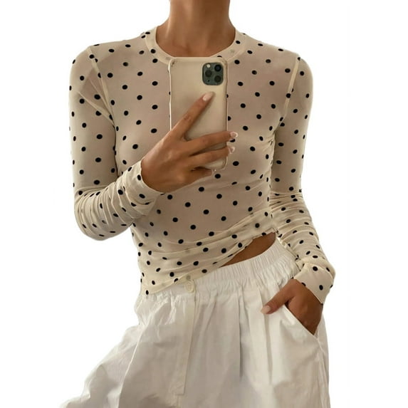 Women'S Round Neck Polka Dot Perspective Mesh Slim Fit Long Sleeve Shirt off white S