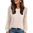 thumbnail image 1 of Women'S Round Neck Ribbed Brushed Loose Versatile Knitted Pullover Top with Spliced Hollow Long Sleeves Apricot S, 1 of 7