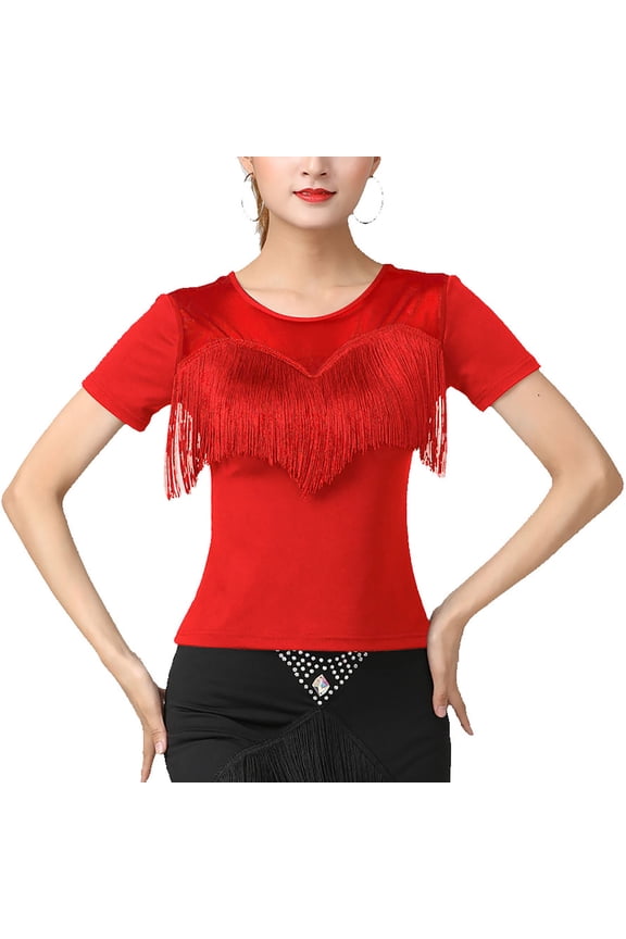 Women'S Round Neck Sheer Stretch Net Mesh Neck Fringe Top For Latin Salsa Tango Dance Practice Routines