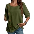 thumbnail image 1 of Women'S Round Neck Short Sleeve Cotton and Linen Button Fashion Casual Top Loose Formal Work T-Shirt Army Green XXL, 1 of 7