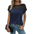 thumbnail image 1 of Women'S Round Neck Short Sleeve Lace Hollow Out Going Out Work Blouse Top Navy Blue L, 1 of 7