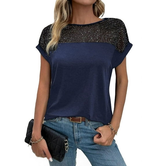 Women'S Round Neck Short Sleeve Lace Hollow Out Going Out Work Blouse Top Navy Blue XL