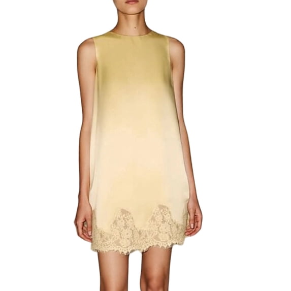 Women'S Round Neck Sleeveless Lace Hem Loose Mini Slip Dress Yellow L