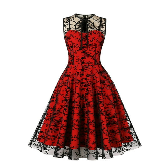 Women'S Round Neck Sleeveless Mesh Splicing Embroidery Gauze High Waist Dress,Floral Lace Retro Cocktail Party Swing Dress.