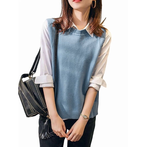 Women'S Round Neck Sleeveless Pullover Ribbed Knit Sweater Vest Top Blue L