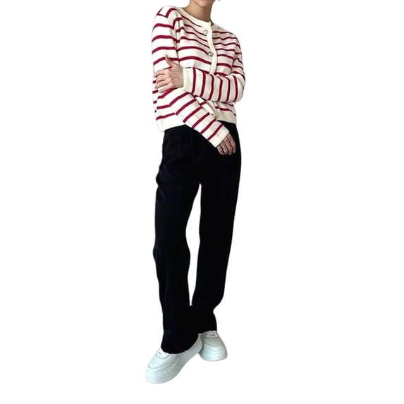 Women'S Round Neck Striped Cropped Knit Cardigan Red S