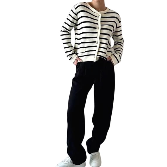 Women'S Round Neck Striped Cropped Knit Cardigan White &