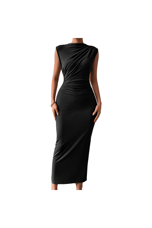 Women'S Ruched Bodycon Dress Black S