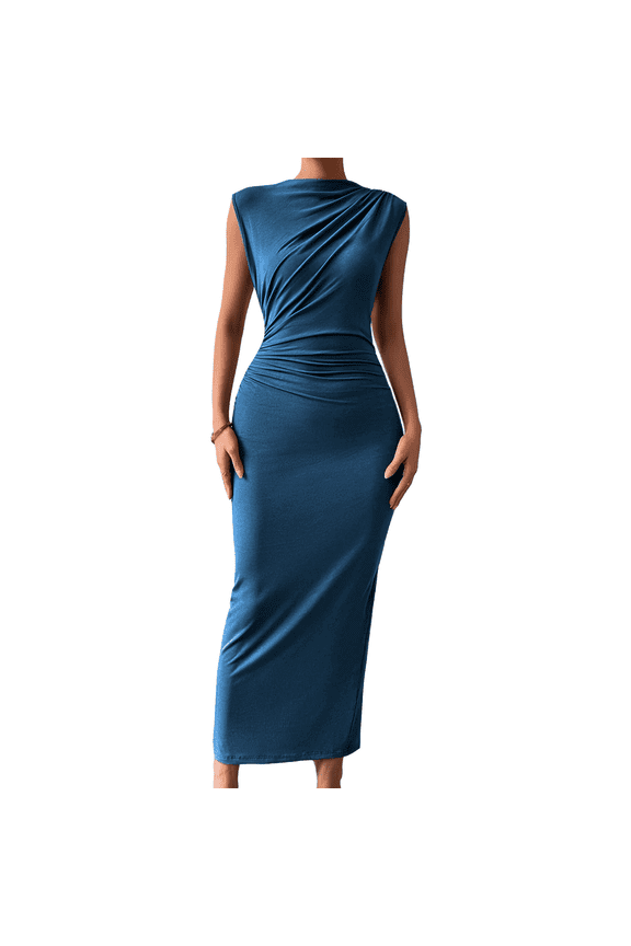 Women'S Ruched Bodycon Dress Blue M