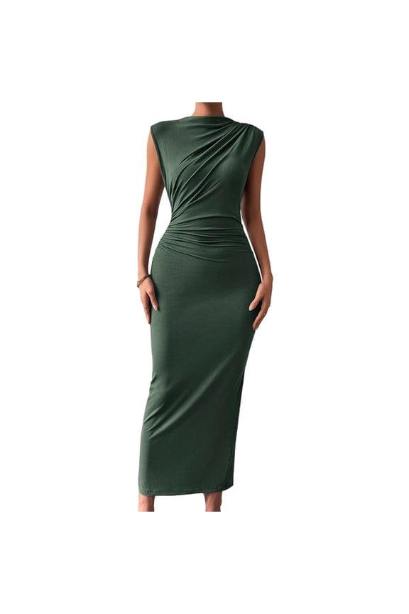 Women'S Ruched Bodycon Dress Green L