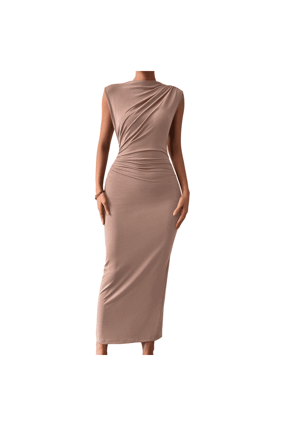 Women'S Ruched Bodycon Dress Khaki S