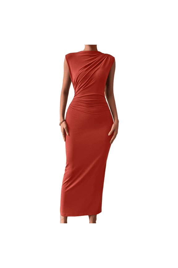 Women'S Ruched Bodycon Dress Orange Red L