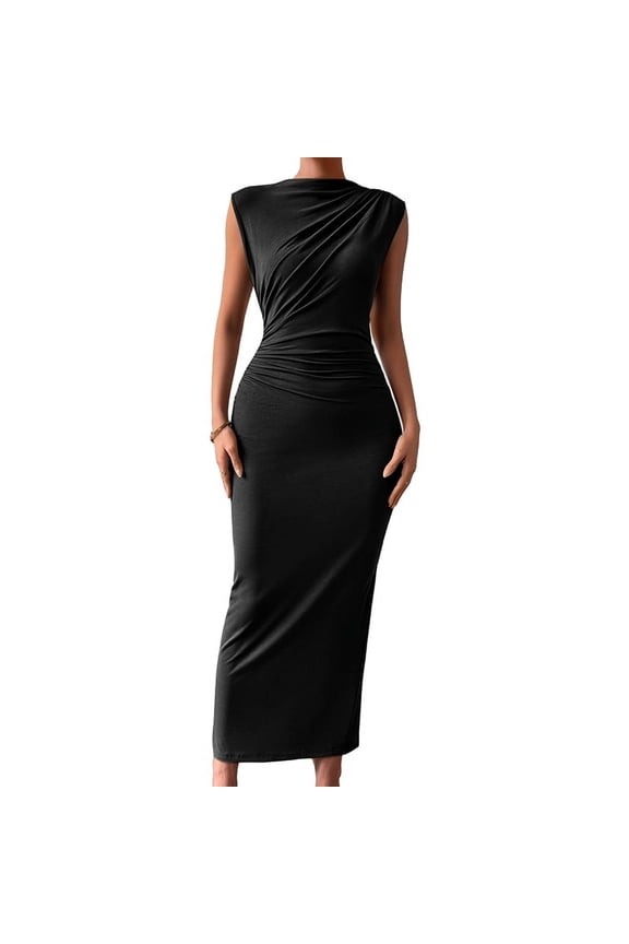 Women'S Ruched Bodycon Dress Summer Casual Sleeveless Back Slit Elegant Club Evening Cocktail Maxi Dresses Black L