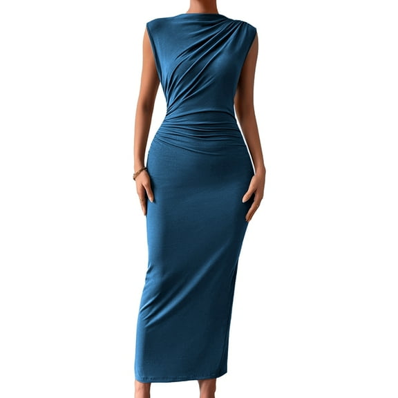 Women'S Ruched Bodycon Dress Summer Casual Sleeveless Back Slit Elegant Club Evening Cocktail Maxi Dresses Blue L