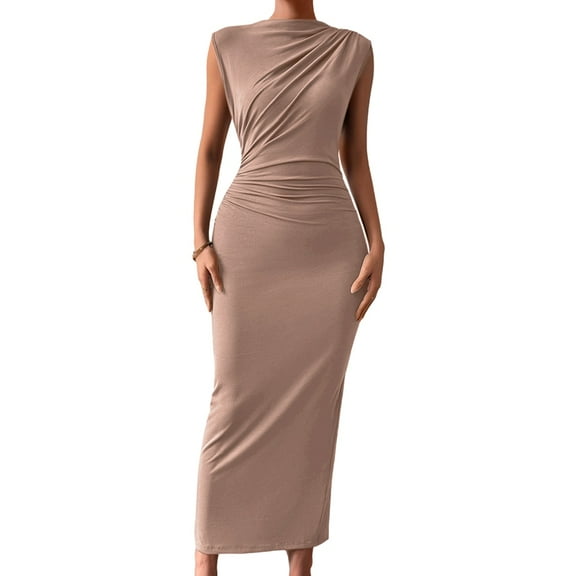 Women'S Ruched Bodycon Dress Summer Casual Sleeveless Back Slit Elegant Club Evening Cocktail Maxi Dresses Khaki S