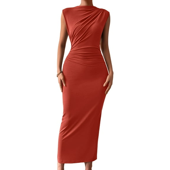 Women'S Ruched Bodycon Dress Summer Casual Sleeveless Back Slit Elegant Club Evening Cocktail Maxi Dresses Orange Red M